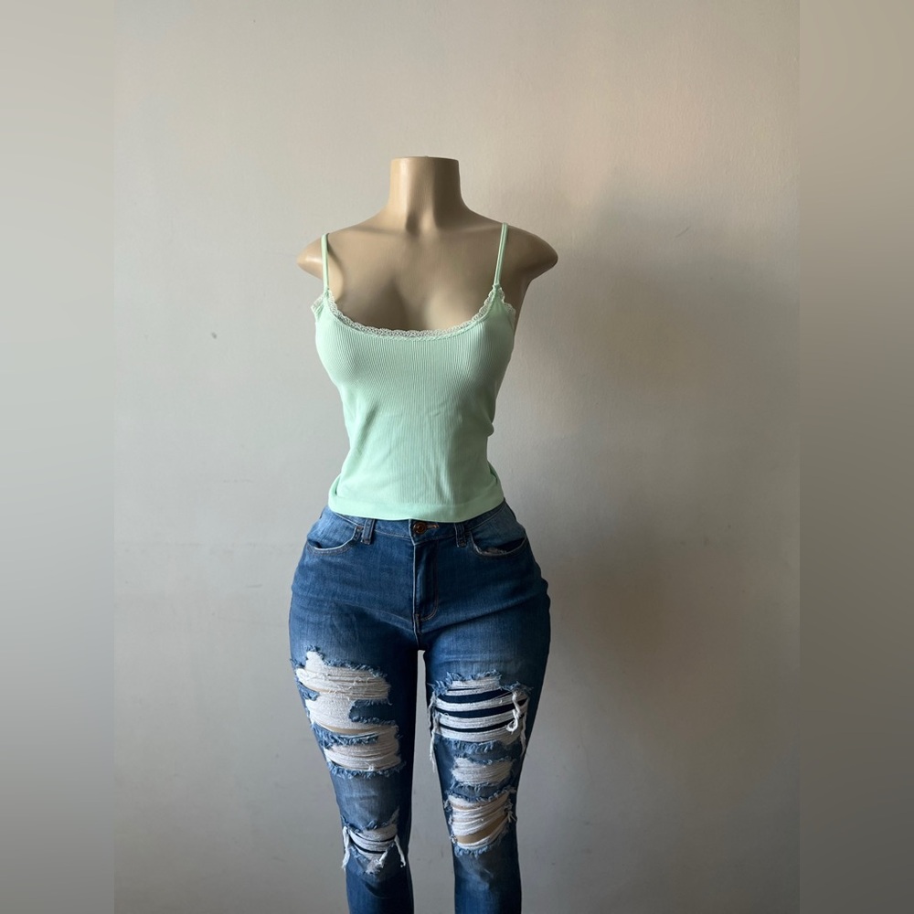 New Cute Pastel Green Crop Top With Lace Trim